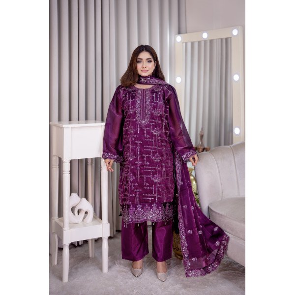 Purple Embroidered Kurta Pant Suit